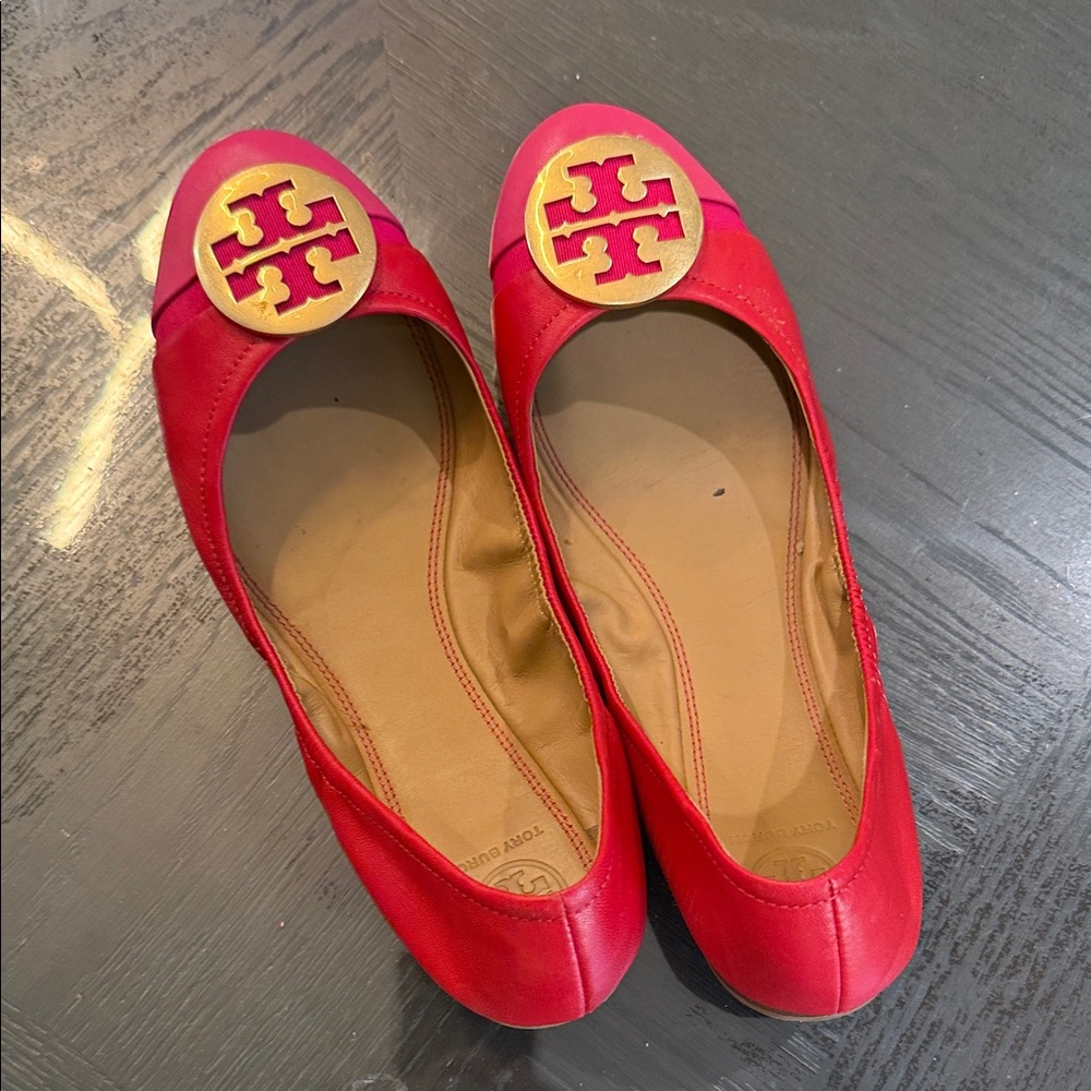 Tory Burch Vibrant Red Flats with Gold Emblem